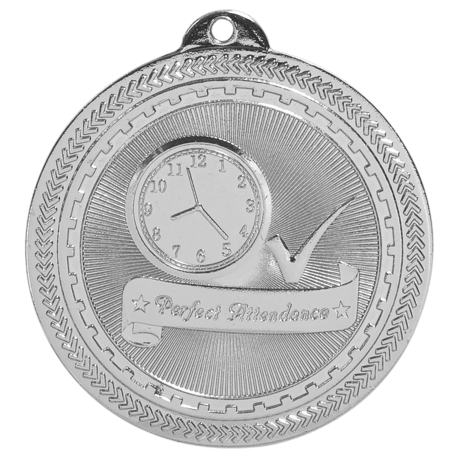 2" Bright Silver Perfect Attendance Laserable BriteLazer Medal