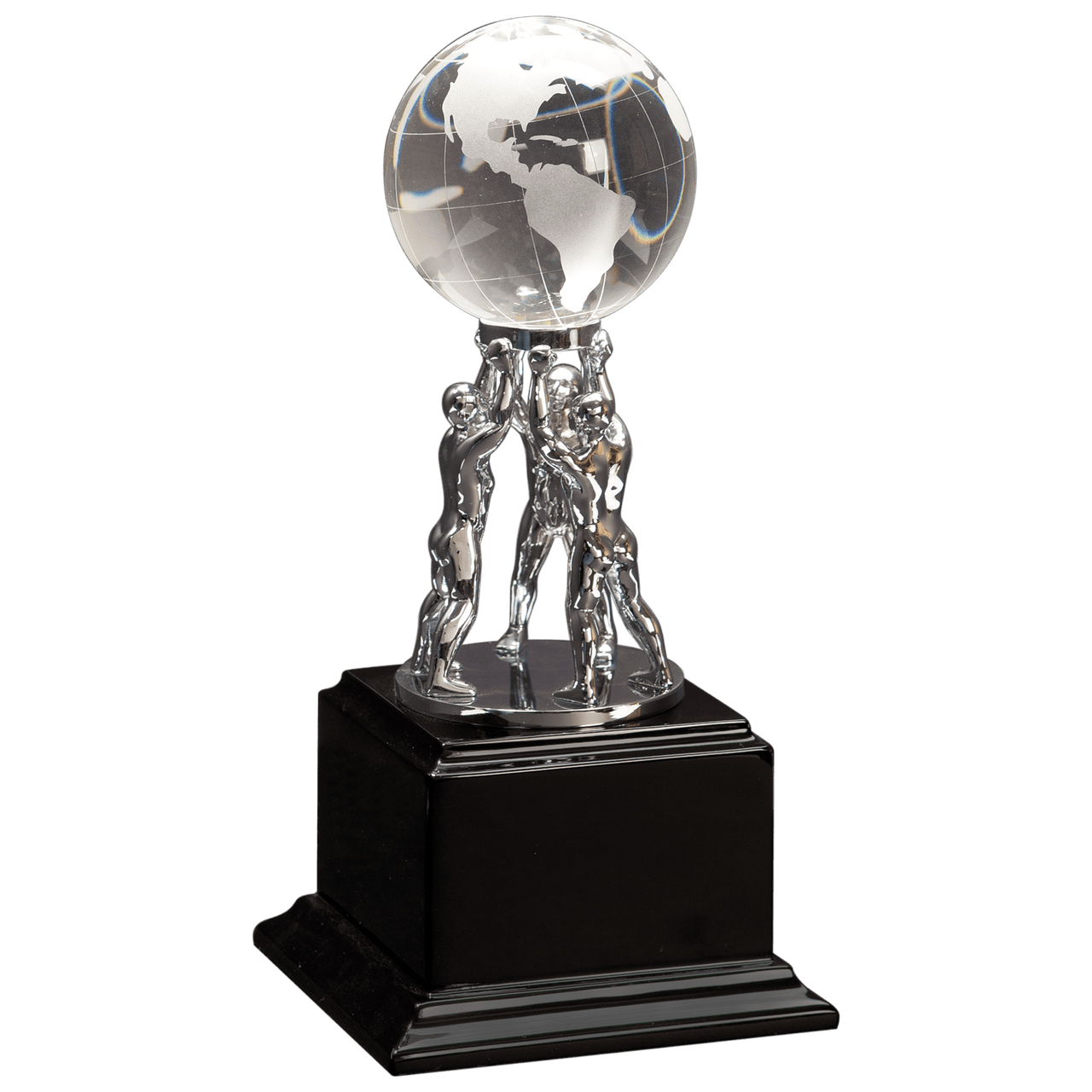 10" Clear Crystal Globe with Silver Men/Stand on Black Piano Finish Base