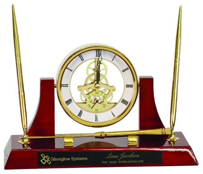 10 1/2" x 6" Executive Gold/Rosewood Piano Finish Clock w/2 Pens/Letter Opener