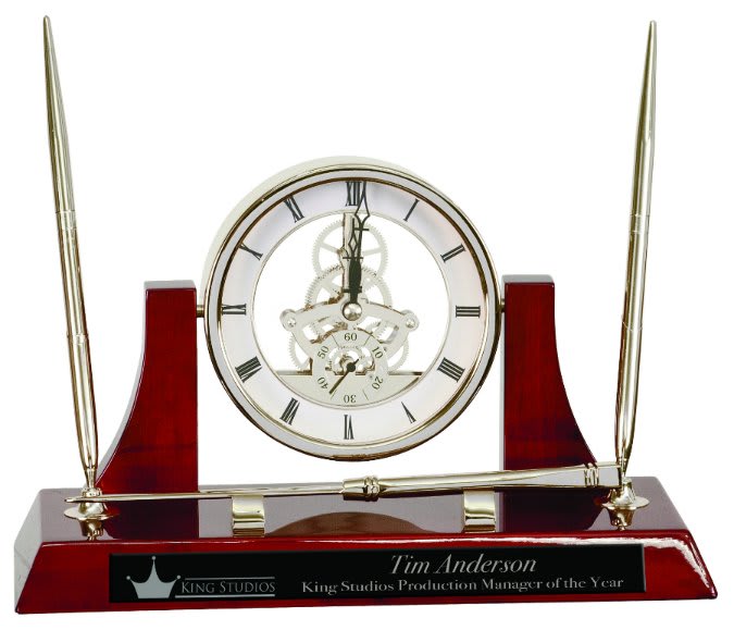 10 1/2" x 6" Executive Silver/Rosewood Piano Finish Clock w/2 Pens/Letter Opener