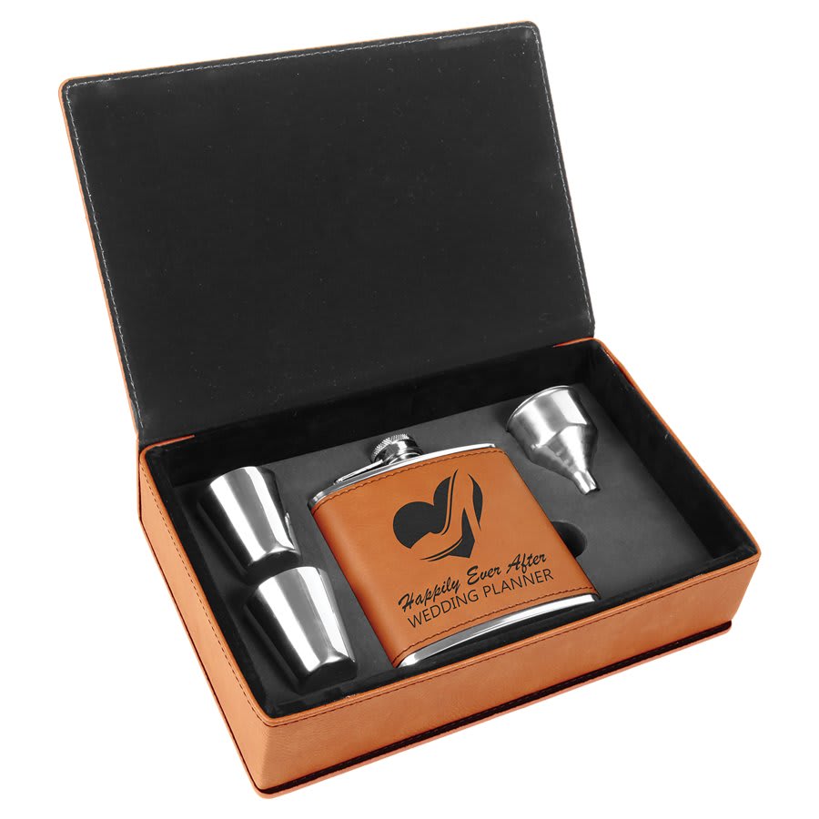 6 oz. Laserable Leatherette Flask Gift Set with Shot Glasses and Cork Flask Options