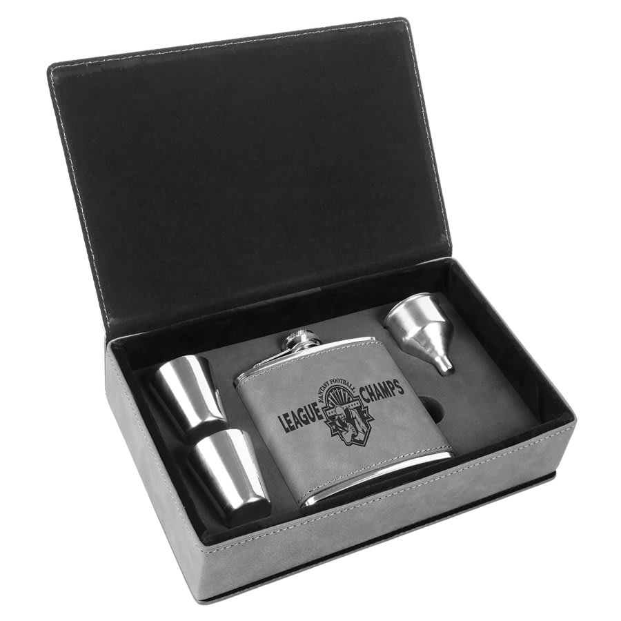 6 oz. Laserable Leatherette Flask Gift Set with Shot Glasses and Cork Flask Options