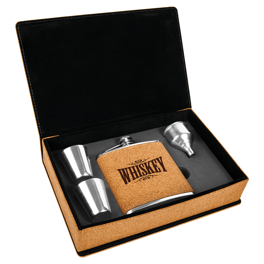 6 oz. Laserable Leatherette Flask Gift Set with Shot Glasses and Cork Flask Options