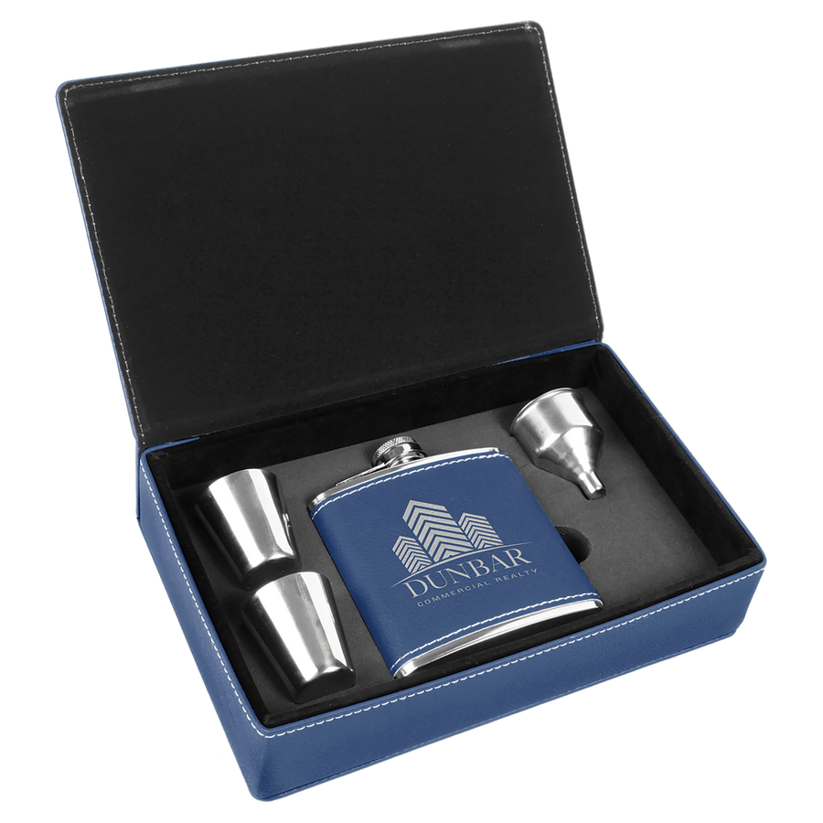 6 oz. Laserable Leatherette Flask Gift Set with Shot Glasses and Cork Flask Options