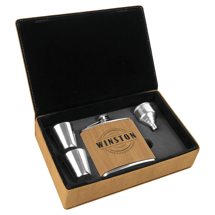 6 oz. Laserable Leatherette Flask Gift Set with Shot Glasses and Cork Flask Options