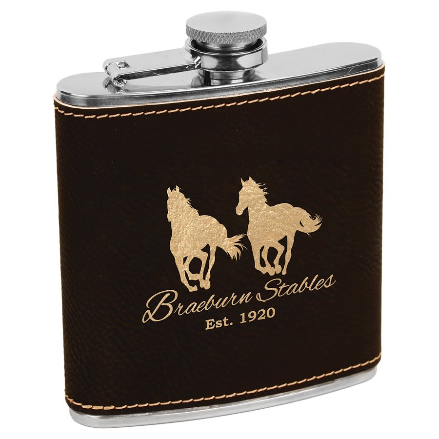 6 oz. Black/Gold Laserable Leatherette Stainless Steel Flask