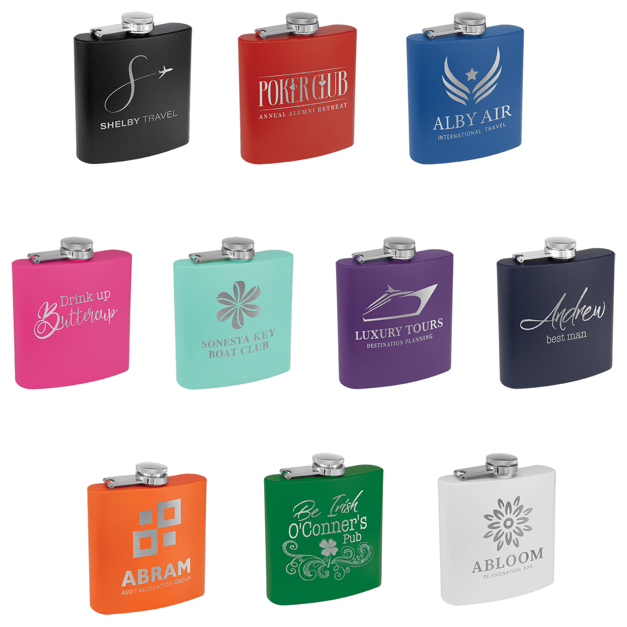 6 oz. Powder Coated Laserable Stainless Steel Flask Sample Set