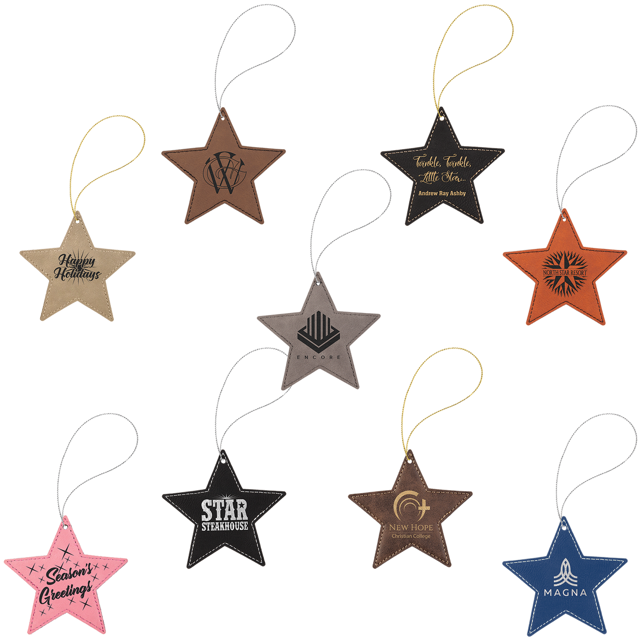 Laserable Leatherette Star Ornament with Strings Sample Set
