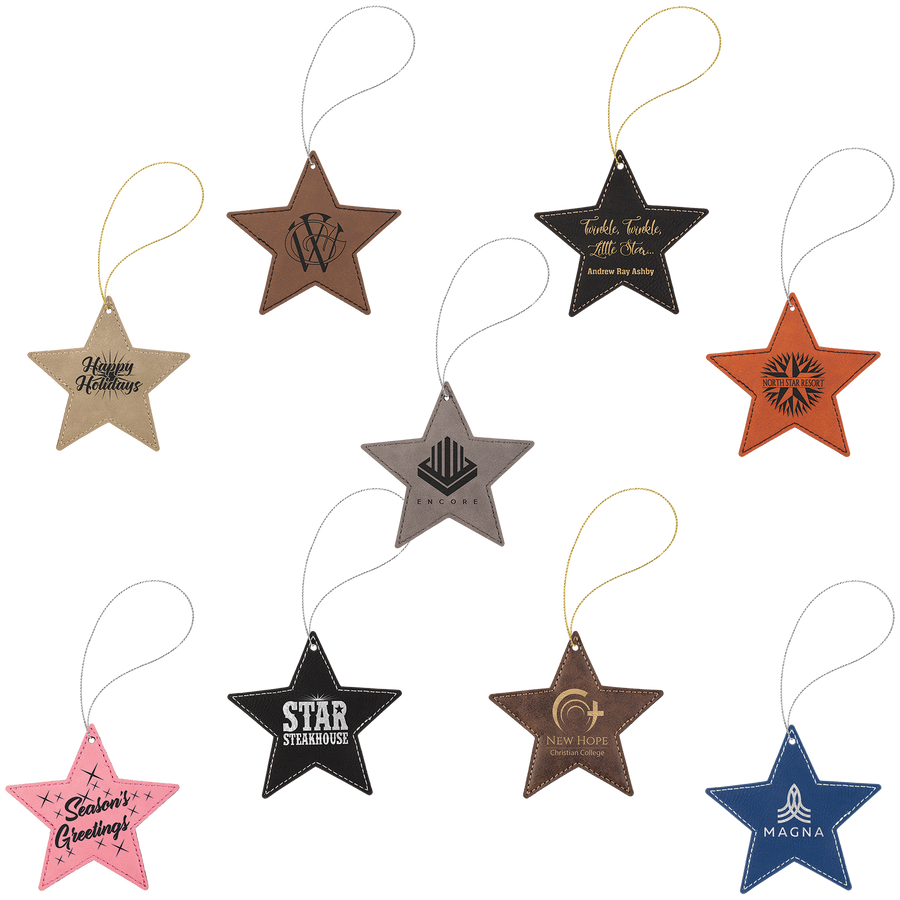 Laserable Leatherette Star Ornament with Strings Sample Set