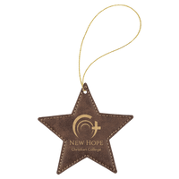 Thumbnail for Rustic/Gold Laserable Leatherette Star Ornament with Gold String
