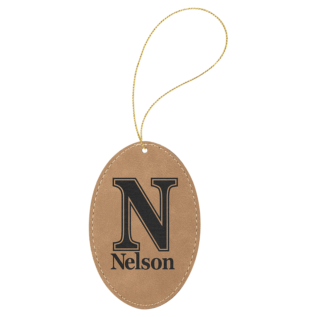 Light Brown Laserable Leatherette Oval Ornament with Gold String