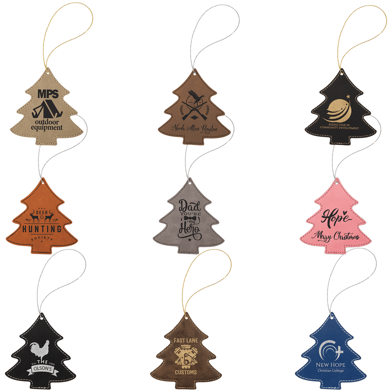 Laserable Leatherette Tree Ornament with Strings Sample Set
