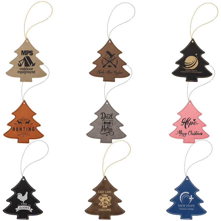 Laserable Leatherette Tree Ornament with Strings Sample Set
