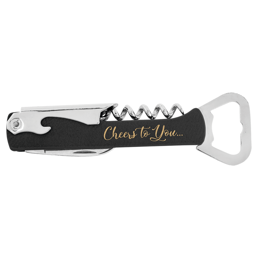 Black/Gold Laserable Leatherette Wine Bottle Opener