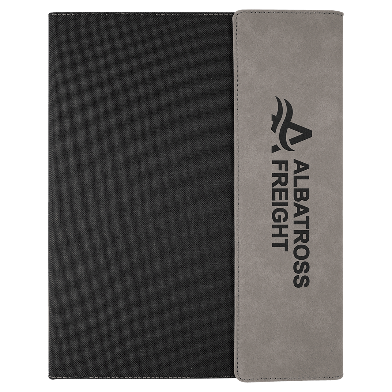 9 1/2"x12" Black/Silver Laserable Leatherette / Gray Canvas Portfolio w/Notepad