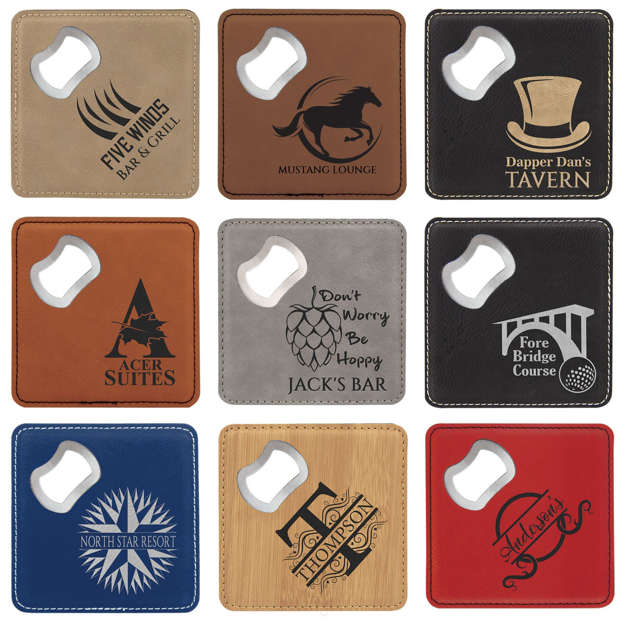 4" x 4" Square Laserable Leatherette Bottle Opener Coaster Sample Set