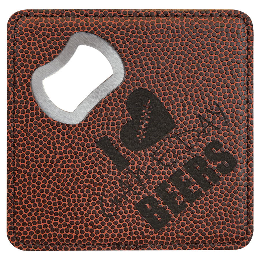 4" x 4" Square Football Laserable Leatherette Bottle Opener Coaster