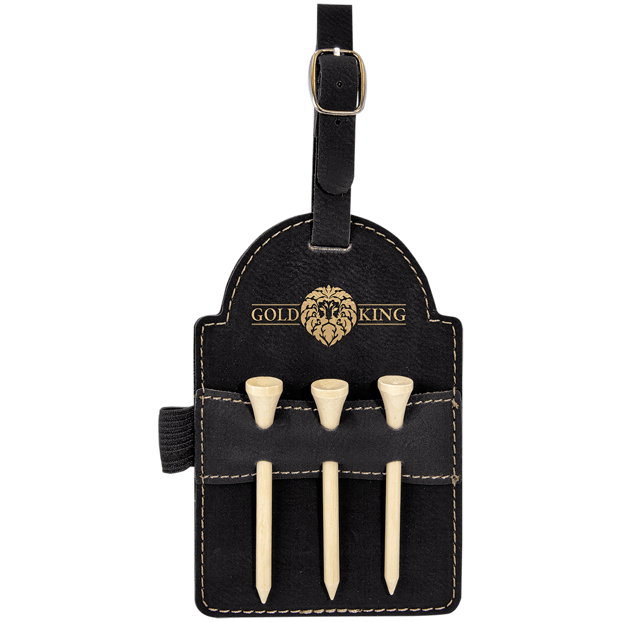 5" x 3 1/4" Black/Gold  Laserable Leatherette Golf Bag Tag with 3 Wooden Tees