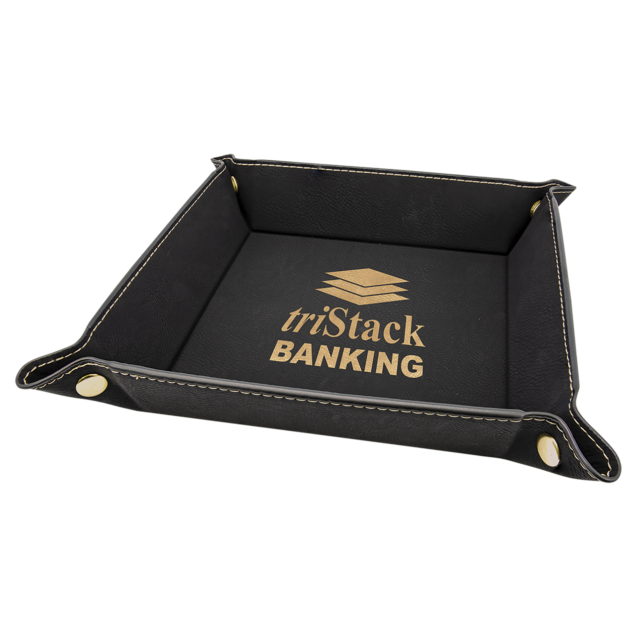 6" x 6" Black/Gold Laserable Leatherette Snap Up Tray with Gold Snaps