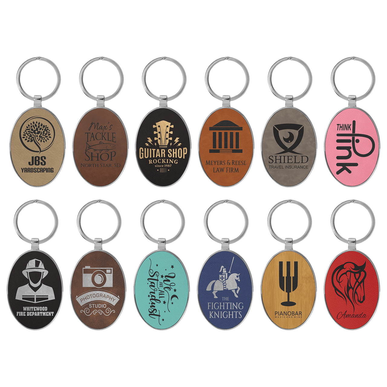 3" x 1 3/4" Laserable Leatherette/Metal Oval Keychain Sample Set