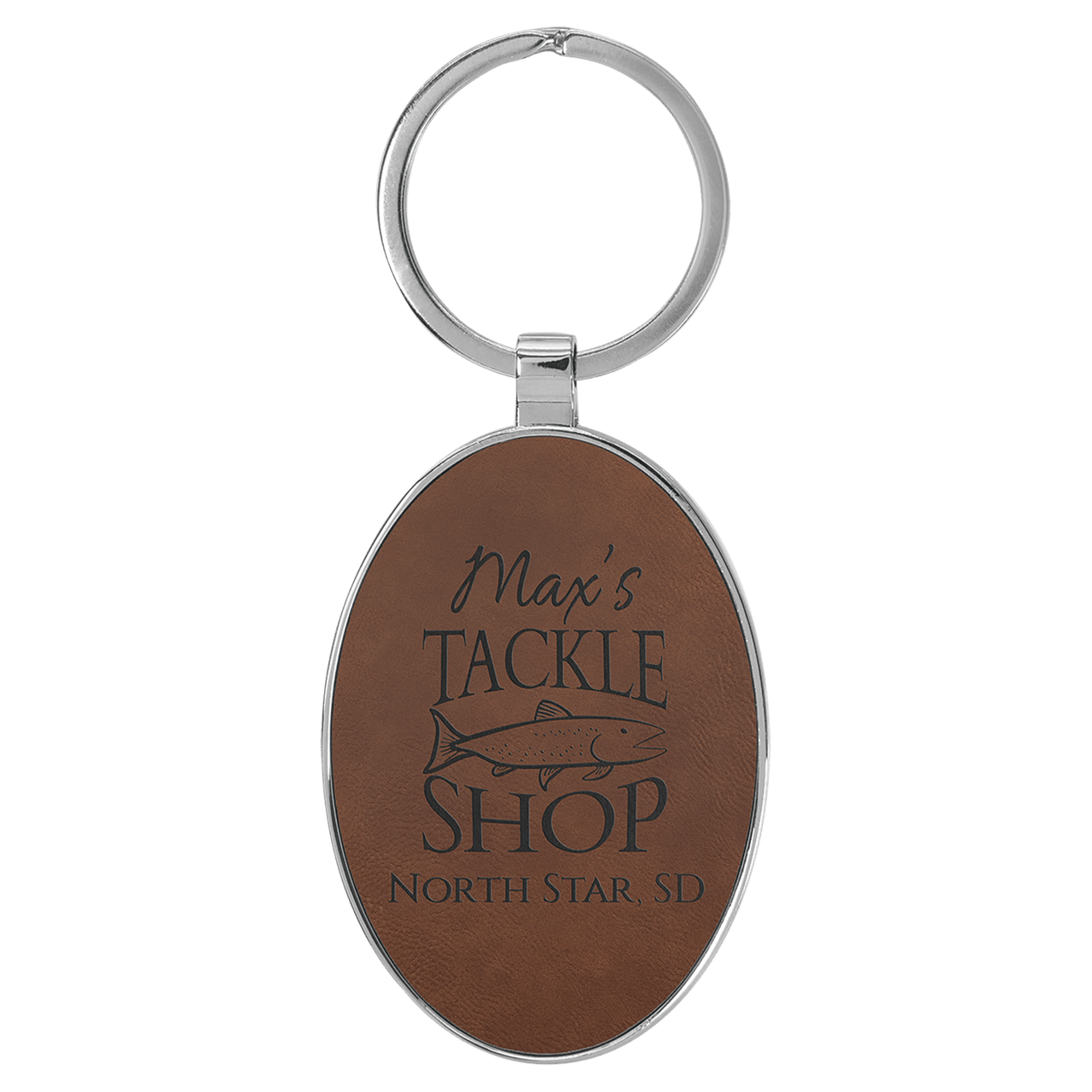 3" x 1 3/4" Laserable Leatherette/Metal Dark Brown Oval Keychain