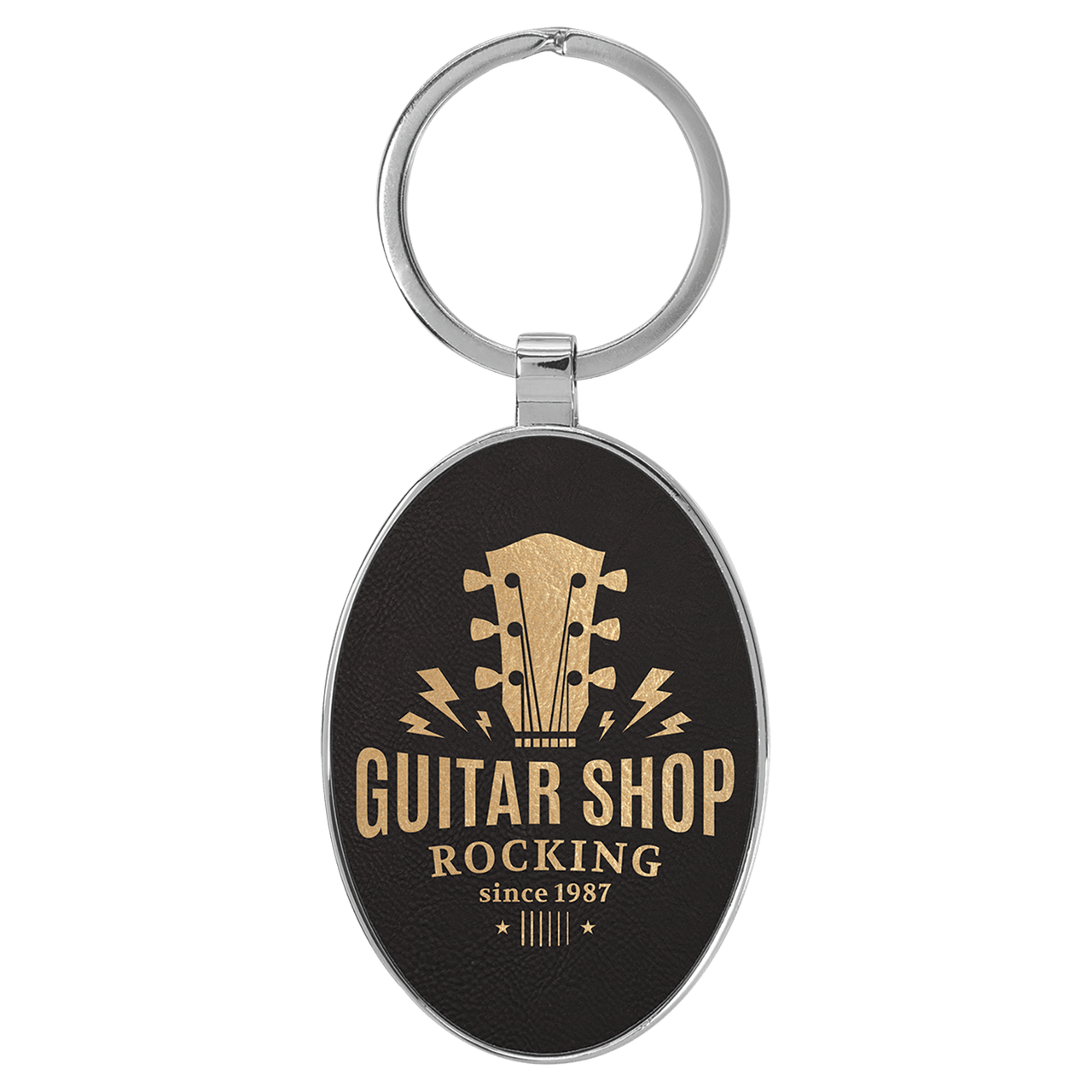 3" x 1 3/4" Laserable Leatherette/Metal Black/Gold Oval Keychain