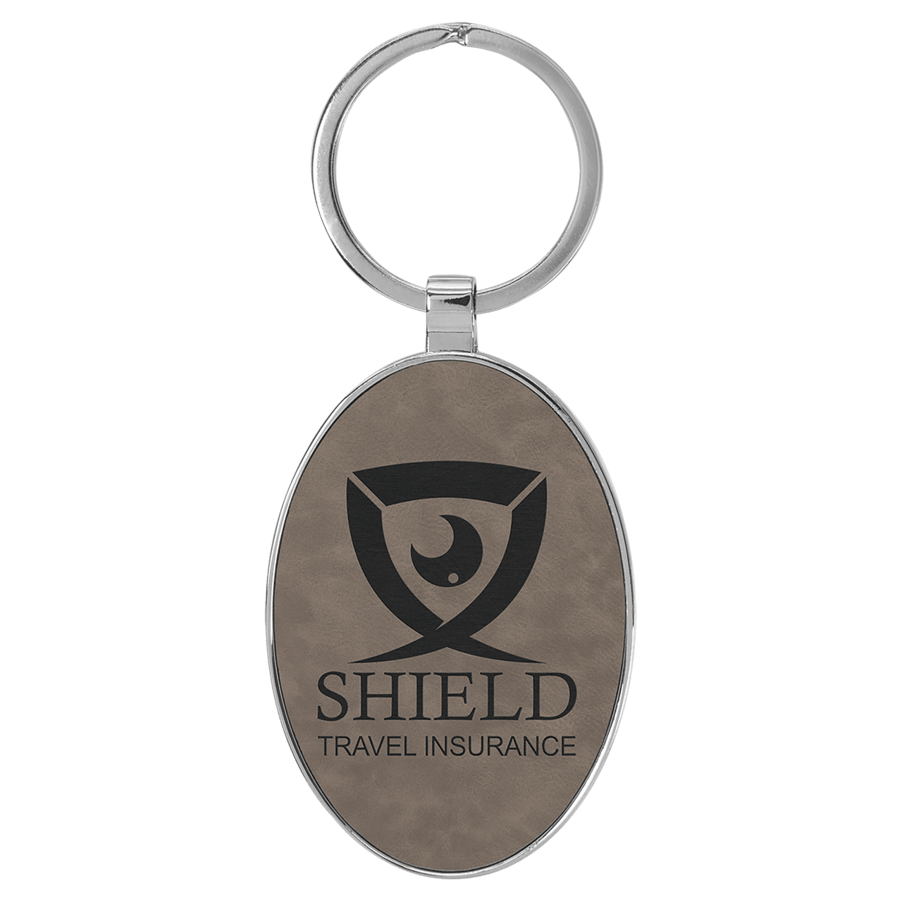 3" x 1 3/4" Laserable Leatherette/Metal Gray Oval Keychain