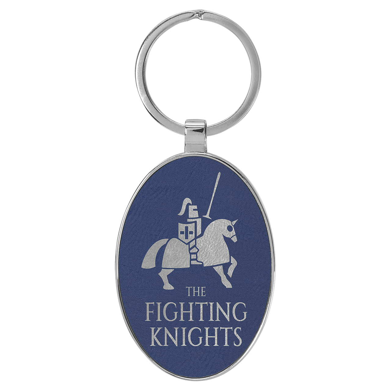 3" x 1 3/4" Laserable Leatherette/Metal Blue/Silver Oval Keychain