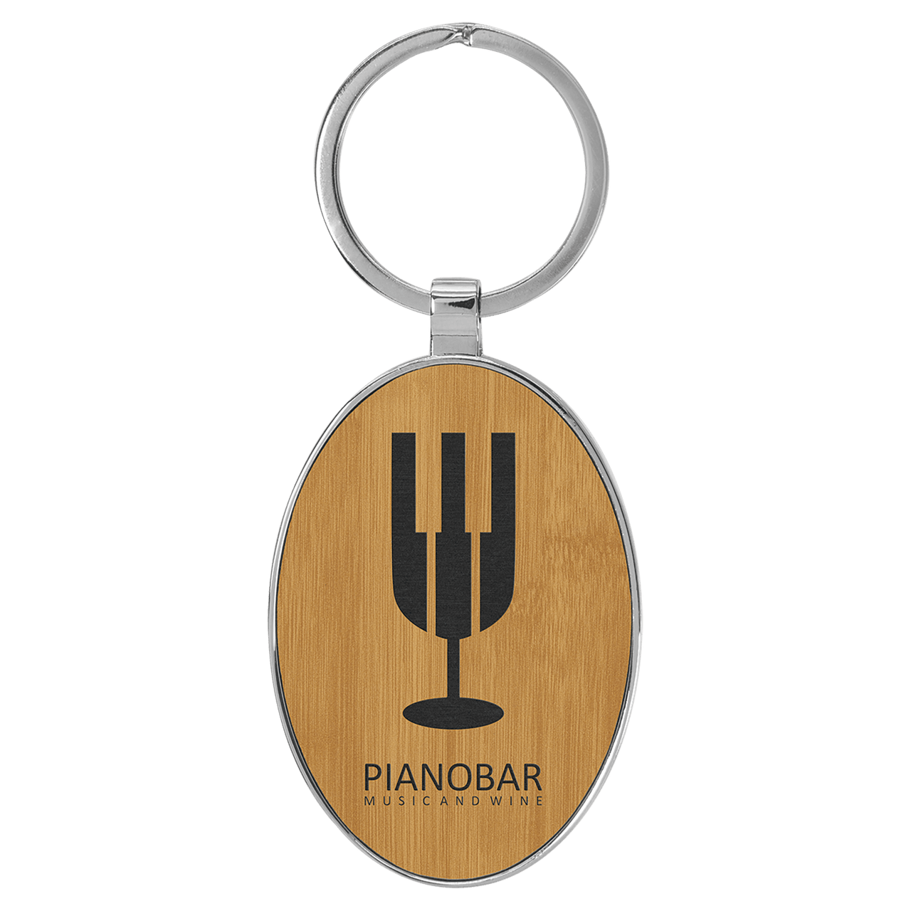 3" x 1 3/4" Laserable Leatherette/Metal Bamboo Oval Keychain