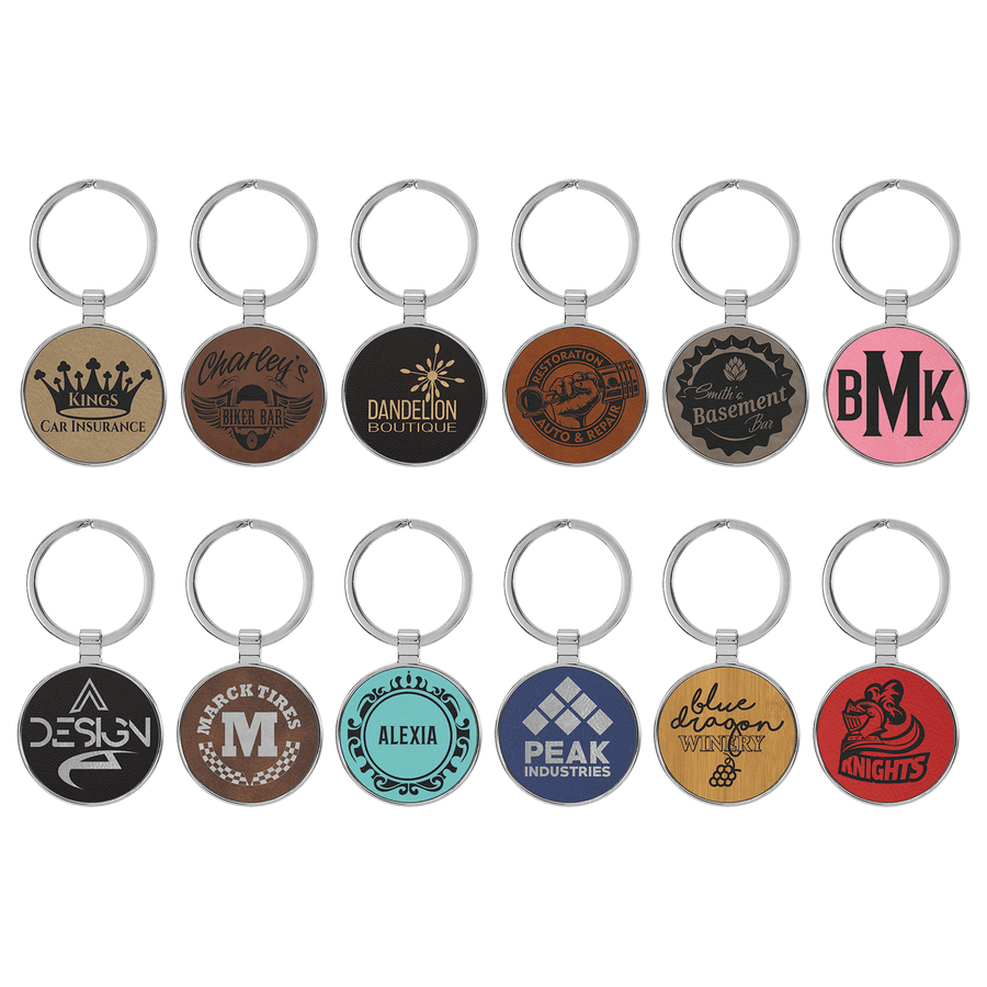 1 1/2" Laserable Leatherette/Metal Round Keychain Sample Set