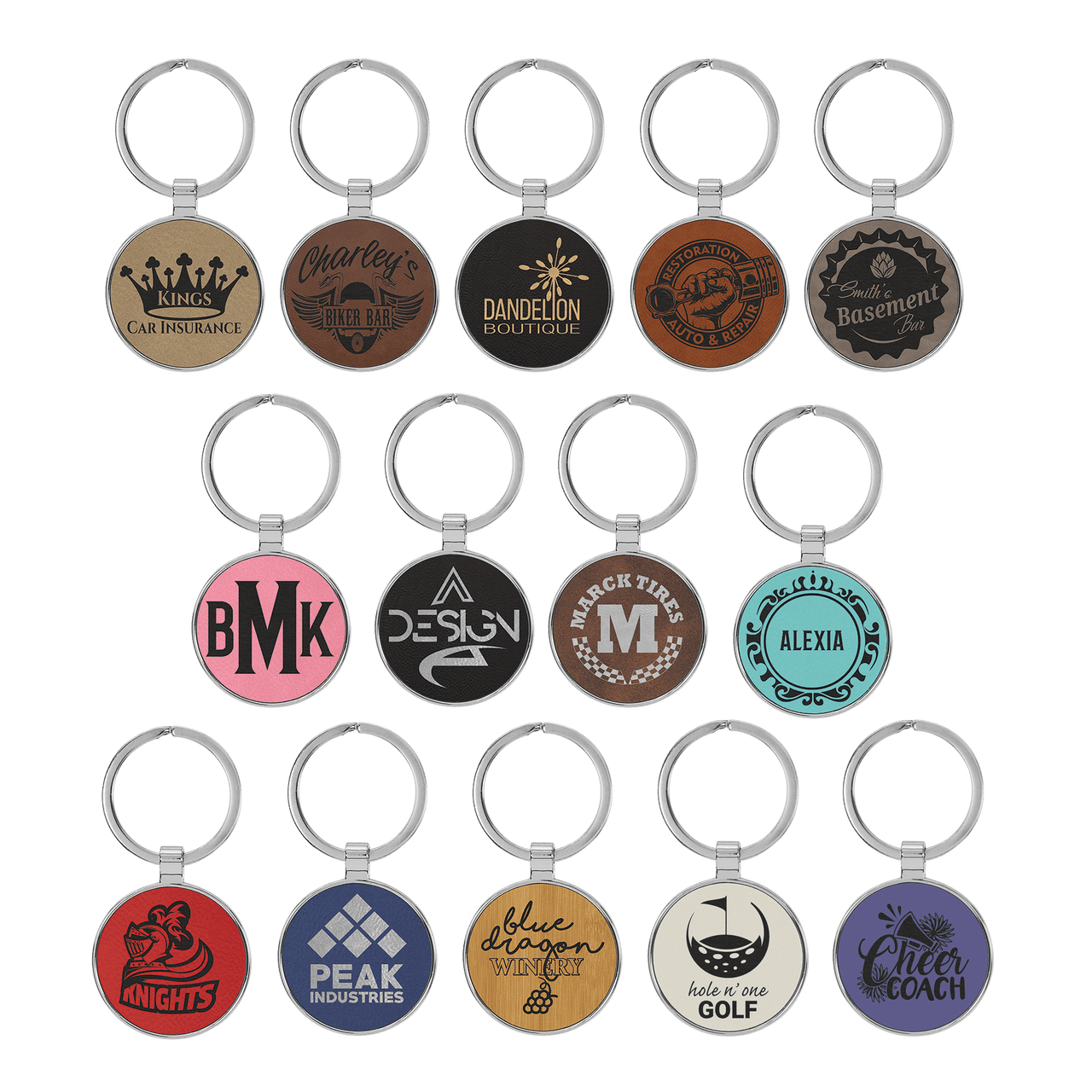 1 1/2" Brass and Leatherette Round Keychain Collection