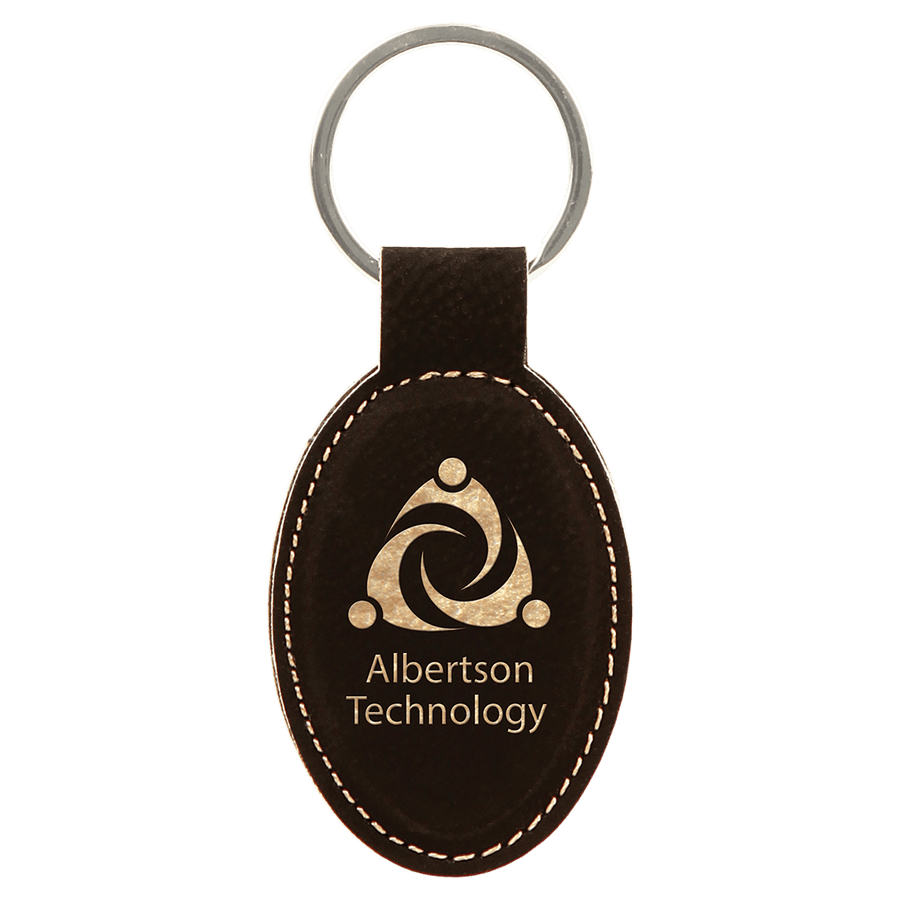 3" x 1 3/4" Black/Gold Laserable Leatherette Oval Keychain
