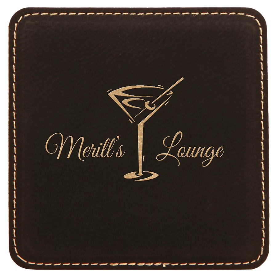 4" x 4" Square Black/Gold Laserable Leatherette Coaster