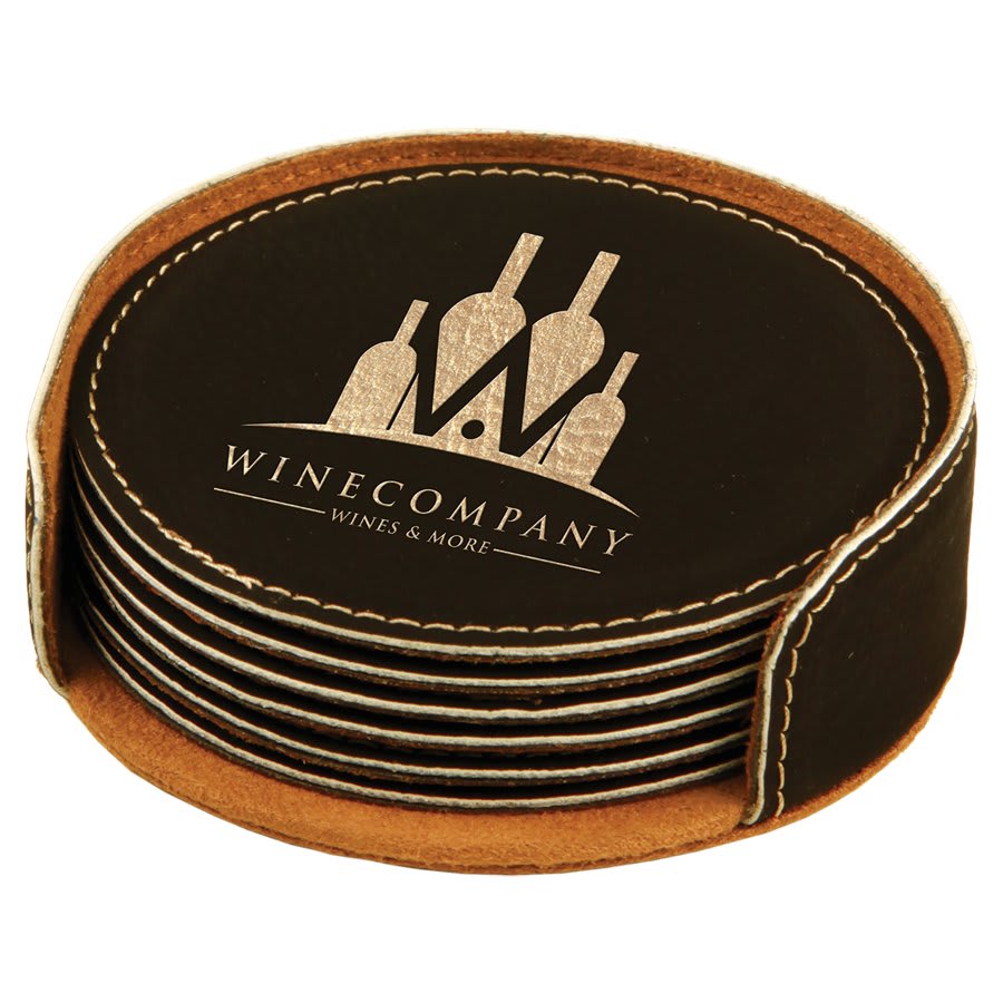 4" Black/Gold Round Laserable Leatherette 6-Coaster Set