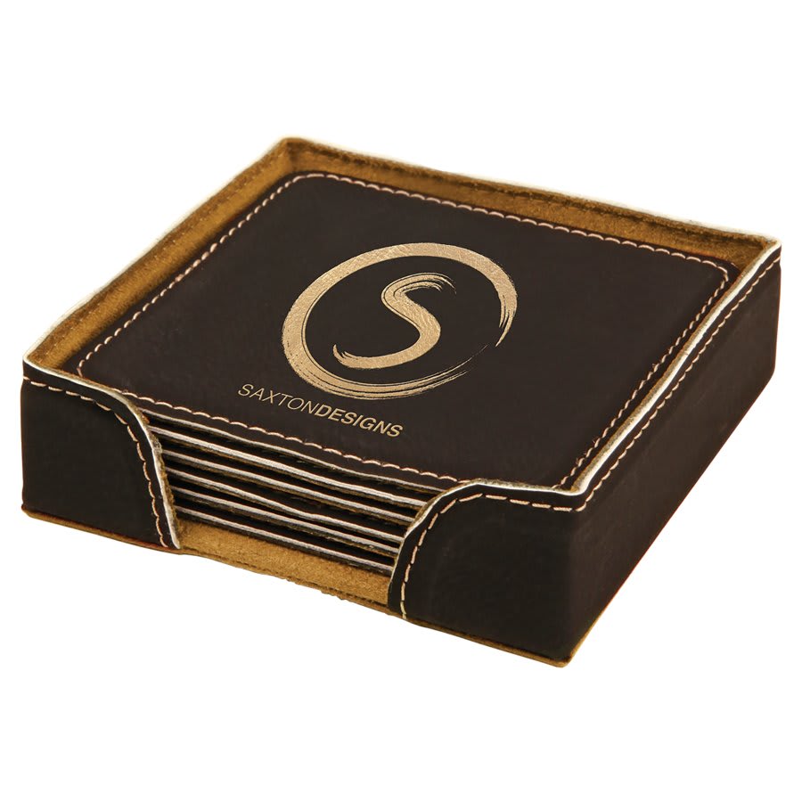 4" x 4" Black/Gold Square Laserable Leatherette 6-Coaster Set