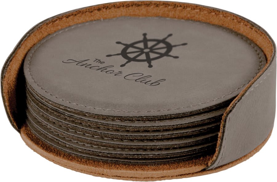 4" Gray Round Laserable Leatherette 6-Coaster Set