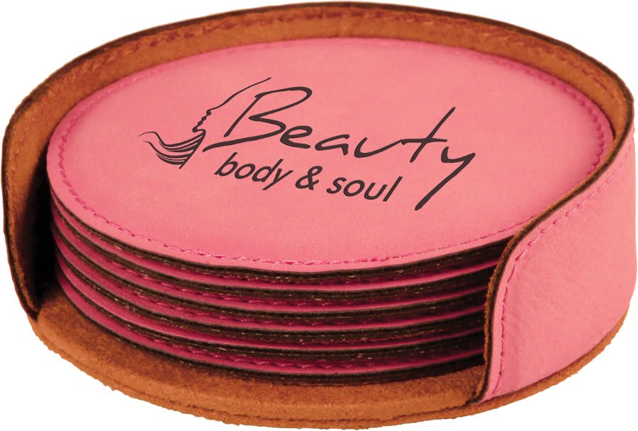 4" Pink Round Laserable Leatherette 6-Coaster Set