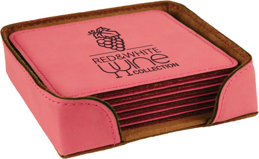 4" x 4" Pink Square Laserable Leatherette 6-Coaster Set