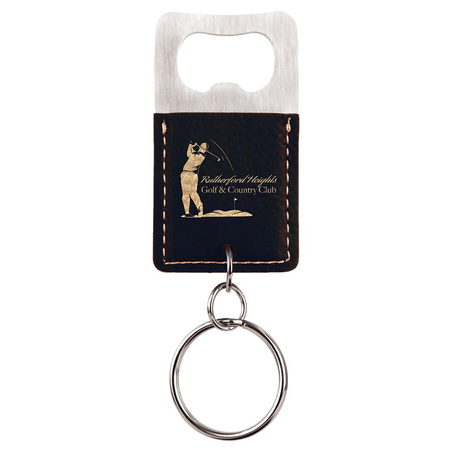 Rectangle Black/Gold Laserable Leatherette Bottle Opener Keychain