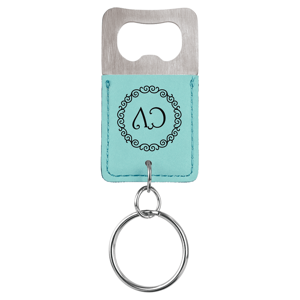 Rectangle Teal Laserable Leatherette Bottle Opener Keychain