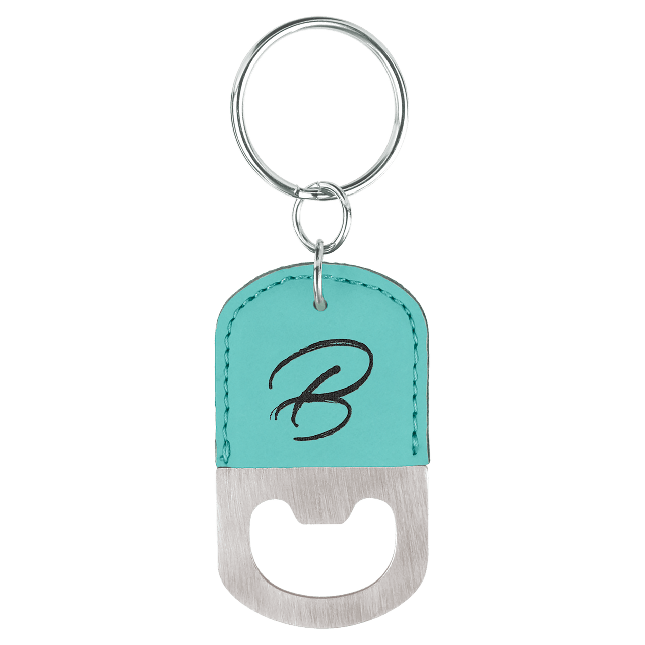 Oval Teal Laserable Leatherette Bottle Opener Keychain