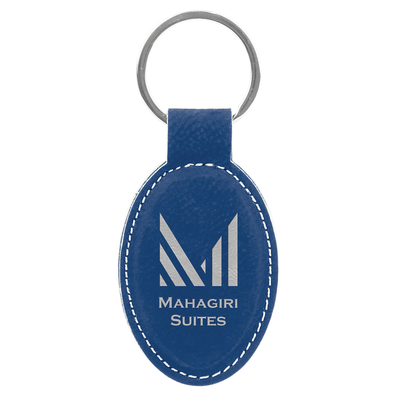 3" x 1 3/4" Blue/Silver Laserable Leatherette Oval Keychain