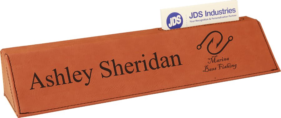 10 1/2" Laserable Leatherette and Genuine Red Alder Desk Wedge with Optional Business Card Holder