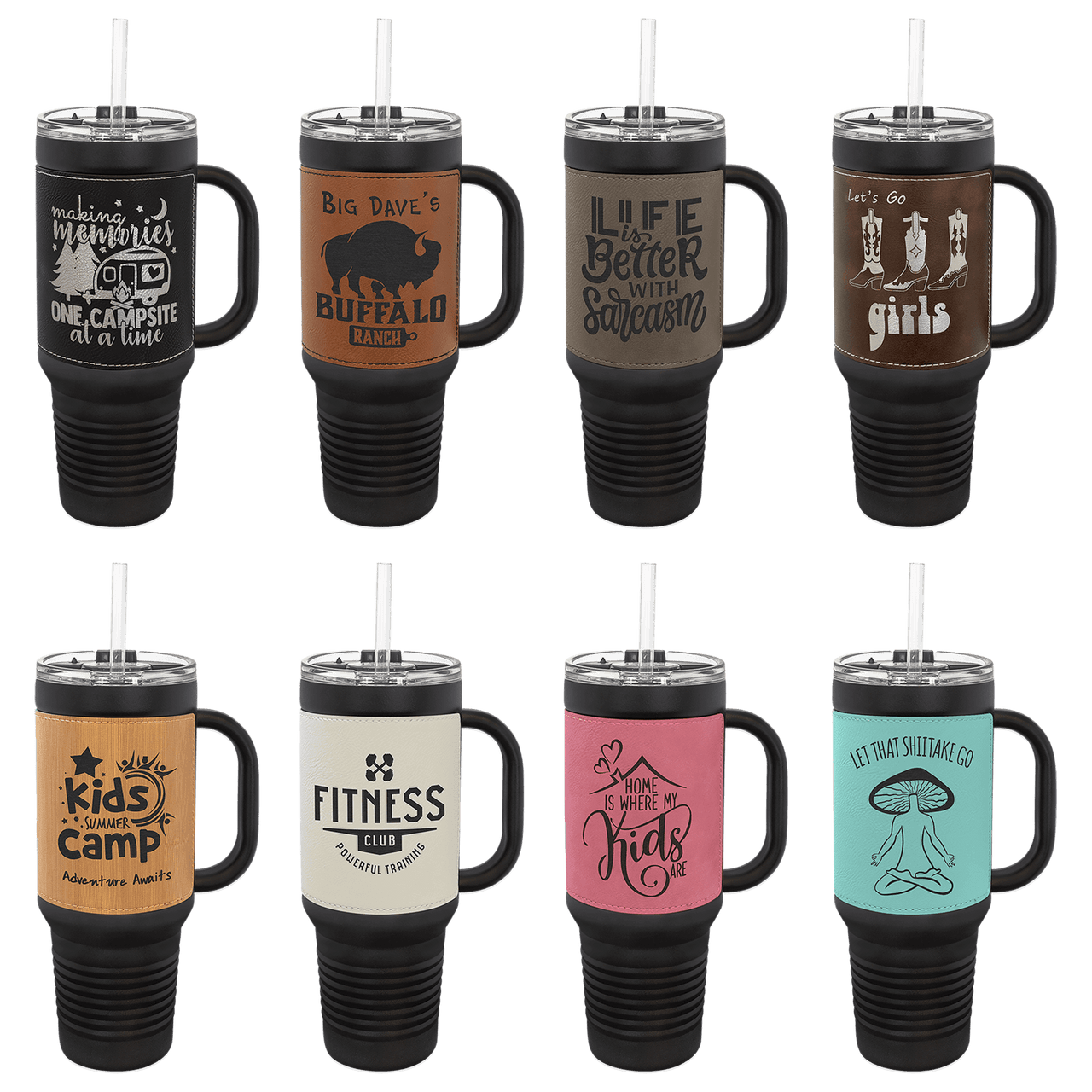 Polar Camel 40 oz. Black with  Laserable Leatherette Travel Mug with a Straw Sample Set