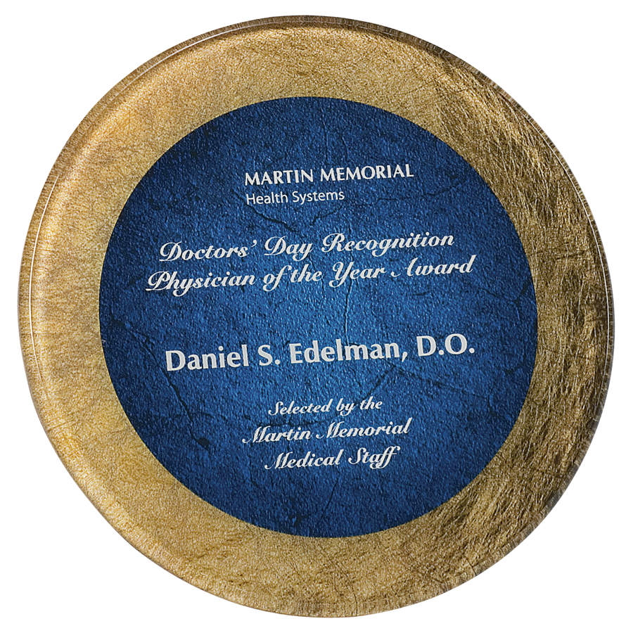 8 1/2" Gold/Blue Round Acrylic Art Plaque with Easel & Hanger