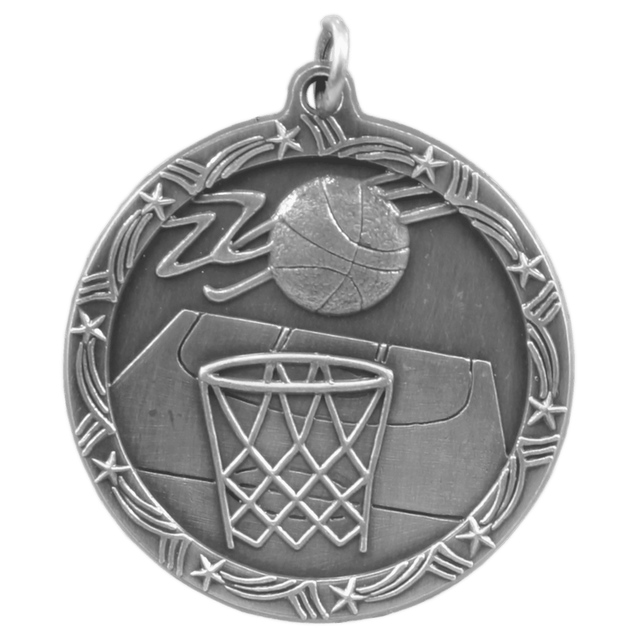 1 3/4" Antique Silver Basketball Shooting Star Medal