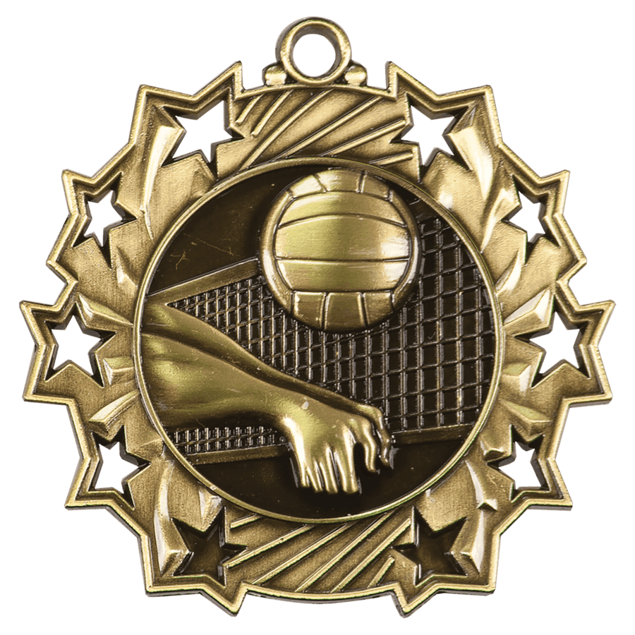 2 1/4" Antique Silver Volleyball Ten Star Medal