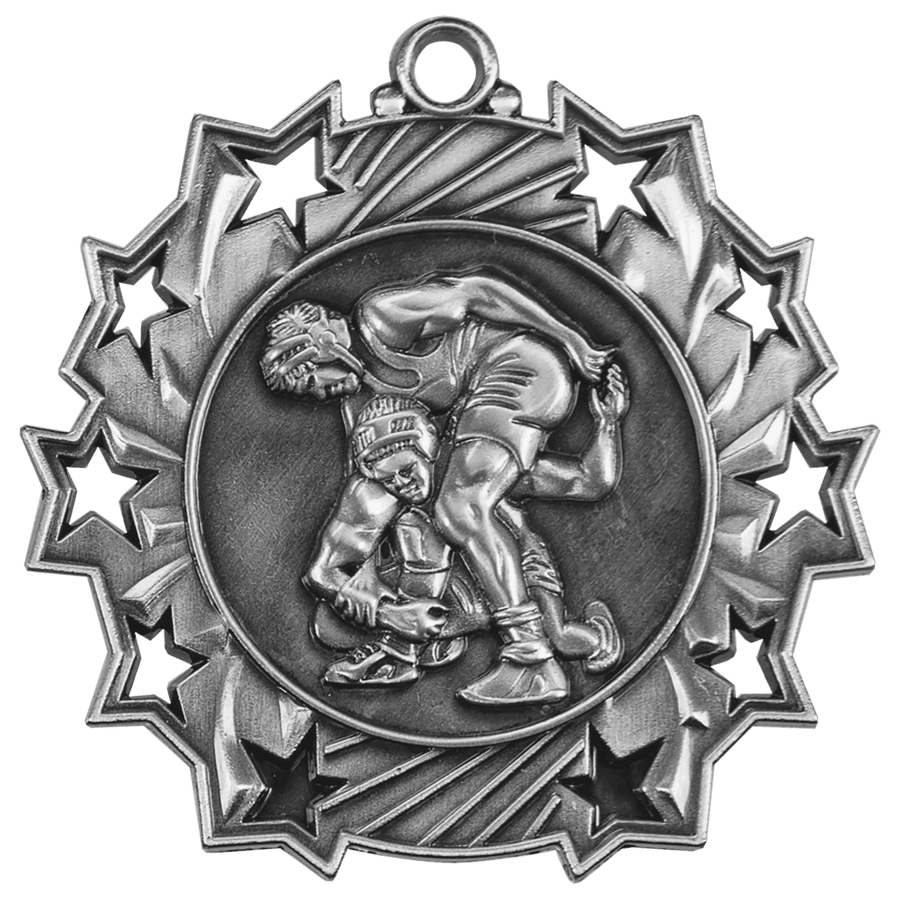 2 1/4" Antique Silver Wrestling Ten Star Medal