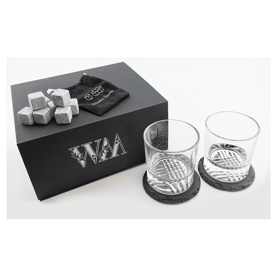 9 1/2" x 8 1/4" LazerBurst Whiskey Set with 2 Glasses, 2 Slate Coasters and8 Whiskey Stones