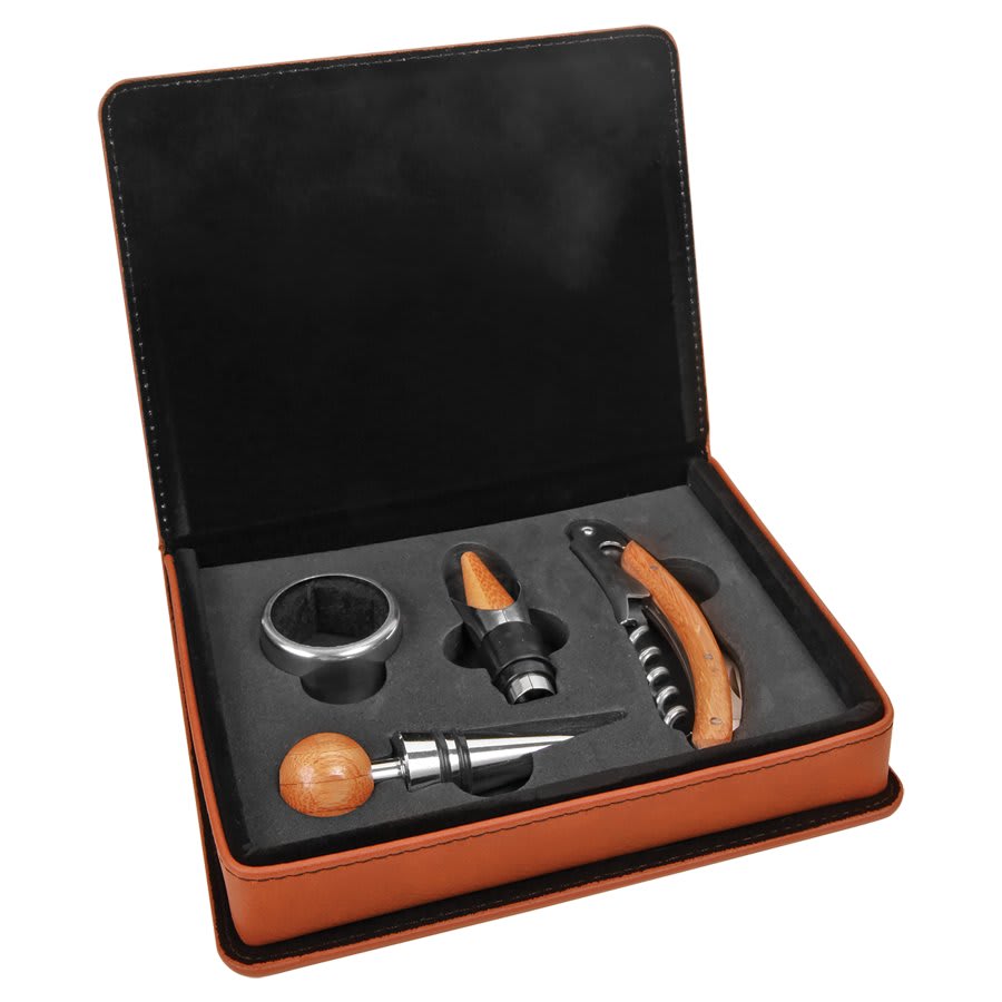 Black/Silver Laserable Leatherette 4-Piece Wine Tool Set